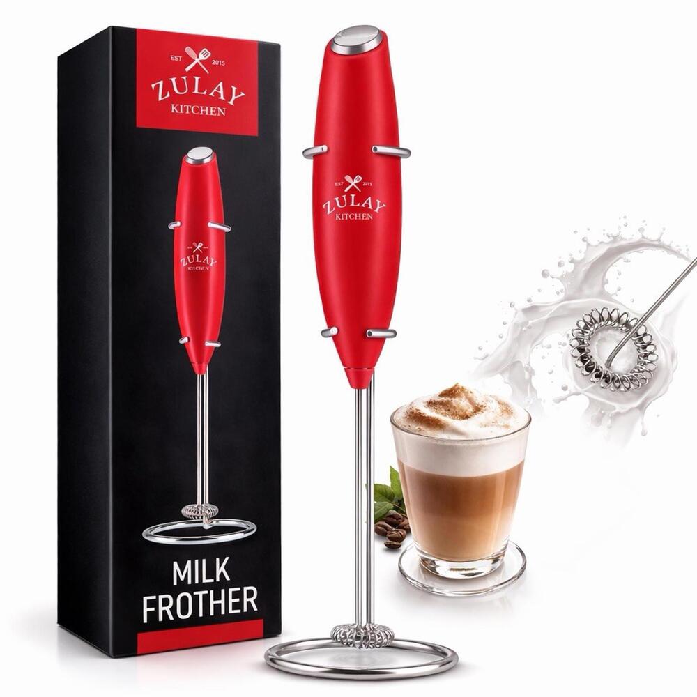 Zulay Kitchen Milk Frother Red Handheld Coffee Mixer With Stand NEW No Batteries